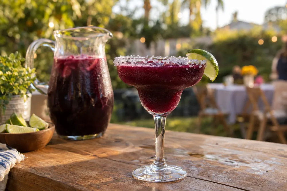 Reina Morada, a purple chicha morada margarita with a salt rim